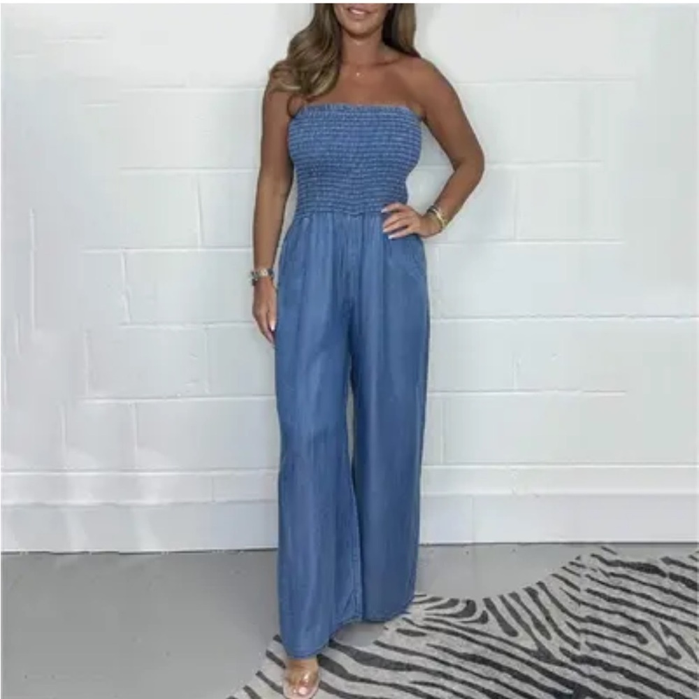 Mile Gabrielle Smocked strapless, wide-leg Dark Denim Color Fabric jumpsuit L